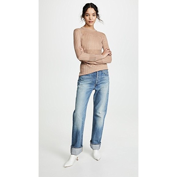 $248 NEW J BRAND Womens XS Sheer Ribbed Knit Crew Neck METALLIC GOLD Tan Sweater - Picture 2 of 9